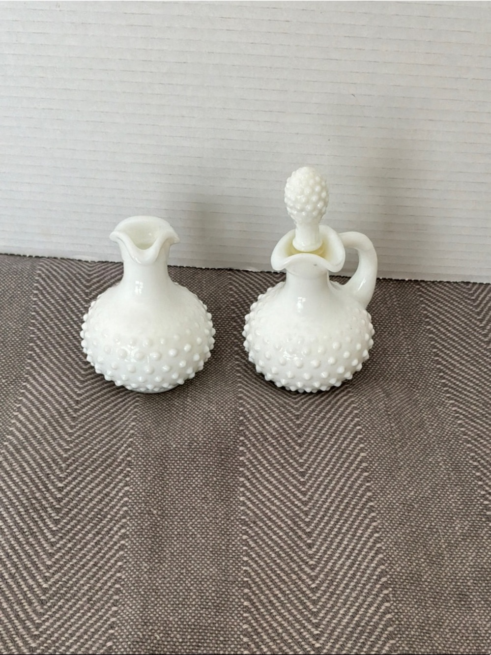 Avon White Hobnail Pitcher and Cruet Set